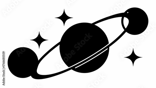 Illustration of a planet with rings and moons surrounded by stars in a black and white design style