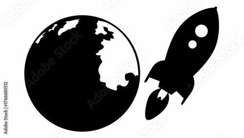 A black silhouette of a rocket launching away from a black and white globe on a white background
