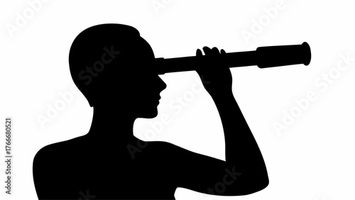 Silhouette of a person looking through a telescope with their right arm extended and hand holding it