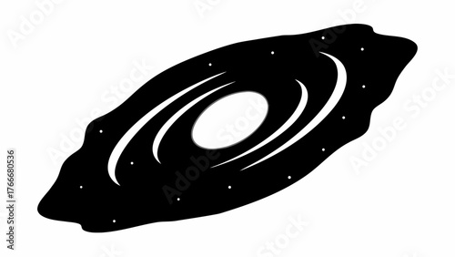 A black and white illustration of a galaxy with curved lines and small dots scattered around the edge
