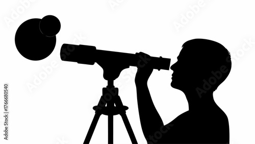Silhouette of a person looking through a telescope at a celestial object in the night sky view scene