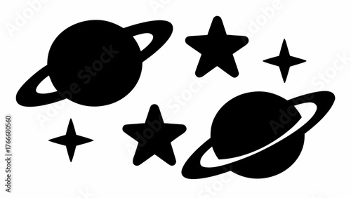Illustration of two planets with rings and three stars in a simple black and white space scene design