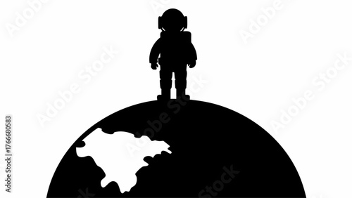 Silhouette of astronaut standing on planet earth with white landmass against a white background scene