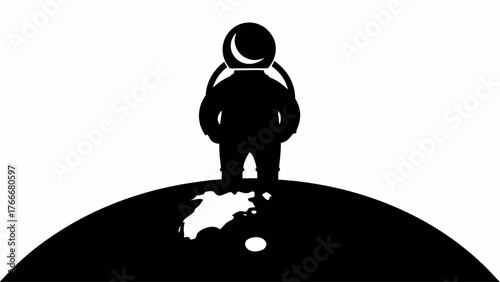 Silhouette of astronaut standing on a planet with a crescent moon reflected in helmet, in black and white