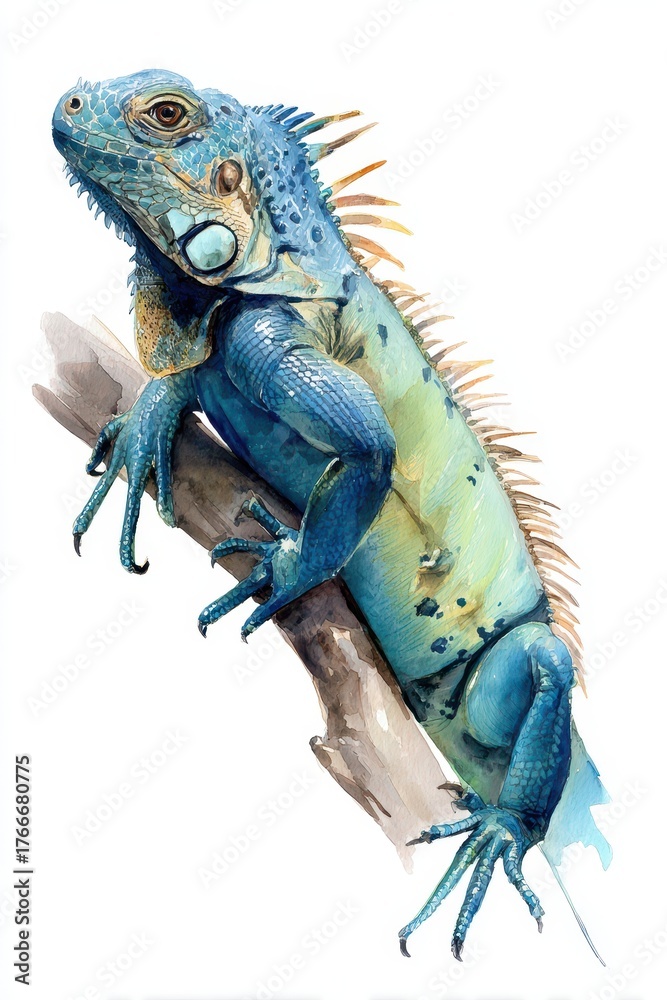 Fototapeta premium Iguana Watercolor. Hand-drawn Painting of Exotic Lizard in Tropical Style