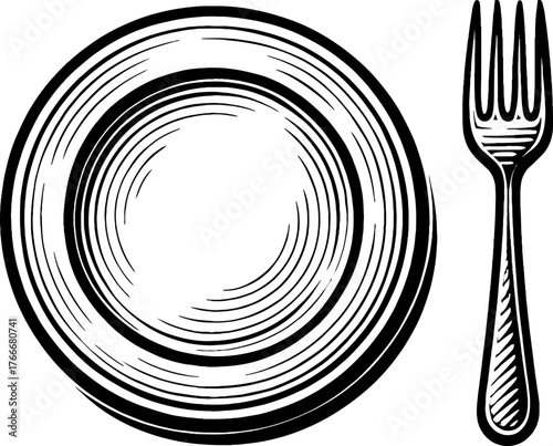 A minimalist illustration in black and white shows a round plate next to a fork on a plain white background. This simple graphic represents dining and mealtime essentials.