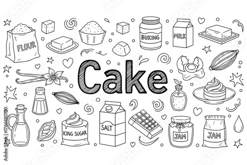 Cake baking ingredients doodle illustration with flour, butter, and milk
