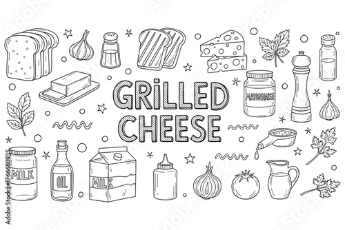 Grilled cheese ingredients: bread, cheese, milk, butter, salt, pepper, onions, tomato