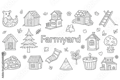 Farmyard outline drawing with animals and buildings