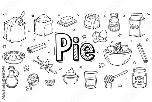 Pie ingredients illustration: sugar, flour, milk, eggs, honey, baking essentials