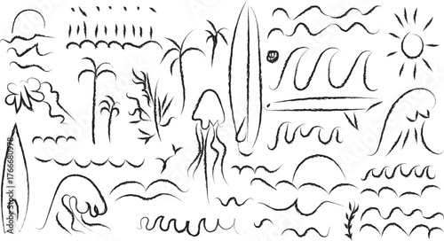 hand drawn doodle squiggles curly lines vector illustration sunburst, tropical coast, palm trees, pop art  