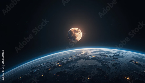 A stunning view of Earth and the Moon during a lunar eclipse. The dark backdrop highlights distant stars and the curvature of Earth's surface, creating a serene cosmic scene