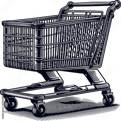A detailed illustration of a vintage shopping cart rendered in black and white with hatching for shading. The metallic trolley has wheels and a handle, presented in a classic, commercial style.