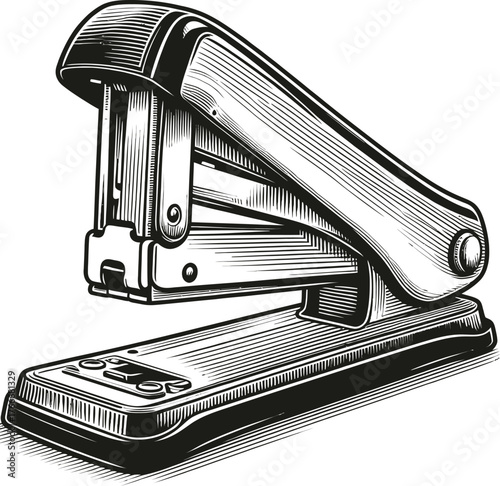 A detailed black and white illustration of a vintage stapler. The drawing style highlights the mechanical details and retro aesthetic of the office supply.
