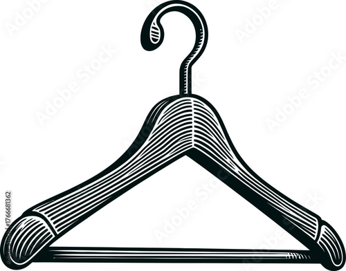 A black and white illustration of a vintage wooden clothes hanger with a curved metal hook and a horizontal bar for pants. Isolated on a white background.
