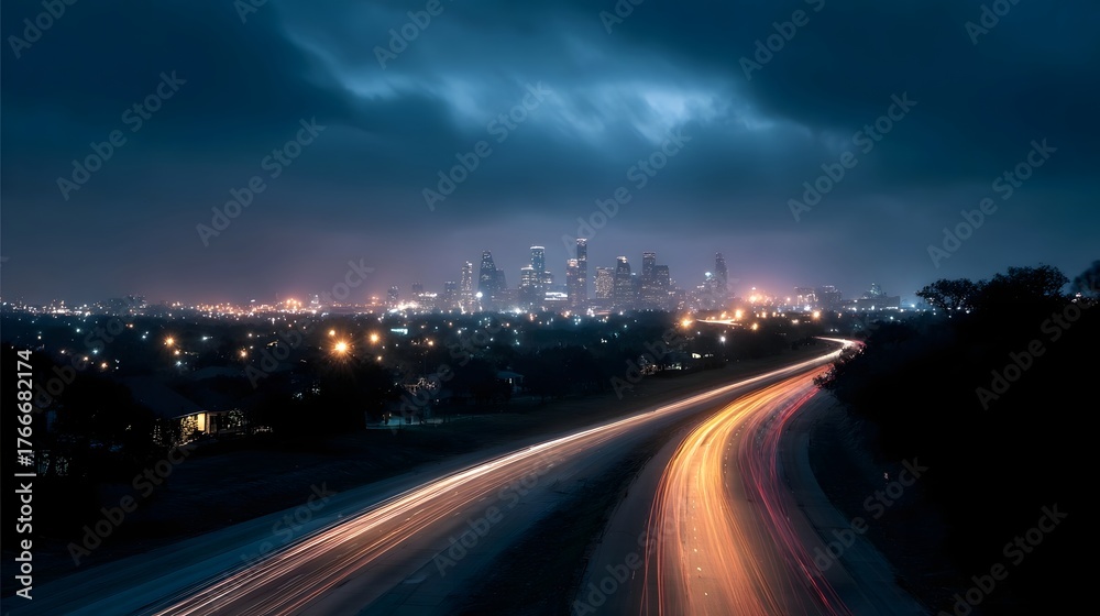 Fototapeta premium Cityscape with glowing highway light trails at dusk under dramatic clouds