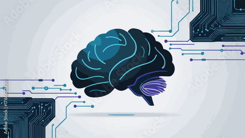 A sleek flat vector illustration showcasing a futuristic AI brain made of interconnected digital circuits. Designed with clean lines and blue tech tones.