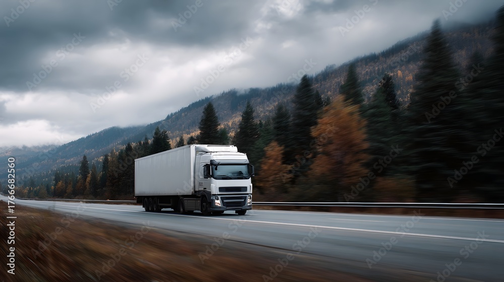 Obraz premium White semi trailer truck driving on a highway through a scenic autumn mountain landscape under a cloudy sky