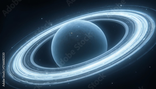 A stunning ringed planet floats in deep space, surrounded by a dark starry background. Bright rings encircle the planet, creating a striking visual contrast against the cosmos