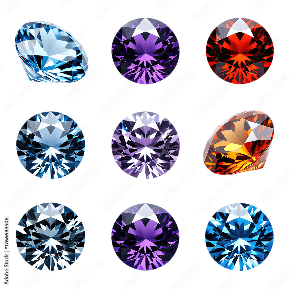 Fototapeta premium Nine Faceted Gemstones in Blue Purple and Red