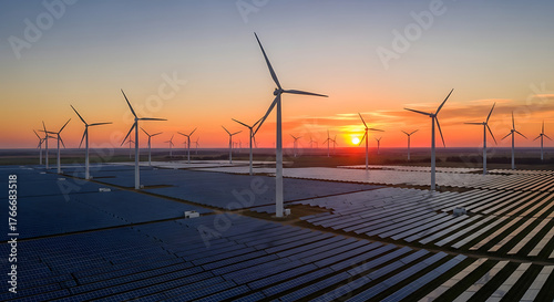 Obraz na plátne Aerial view of wind turbines and solar panels at sunset creating clean energy