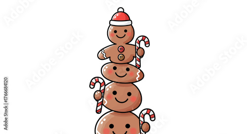 Stacked Gingerbread Men with Candy Canes, Festive and Cheerful Design