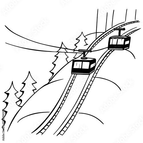 Cable Cars on Mountain Landscape Line Art Drawing