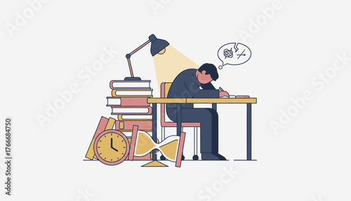 Student at cluttered desk surrounded by books, lamp and clocks, showing exhaustion and stress while studying late for exams, conveying deadline pressure and academic burnout