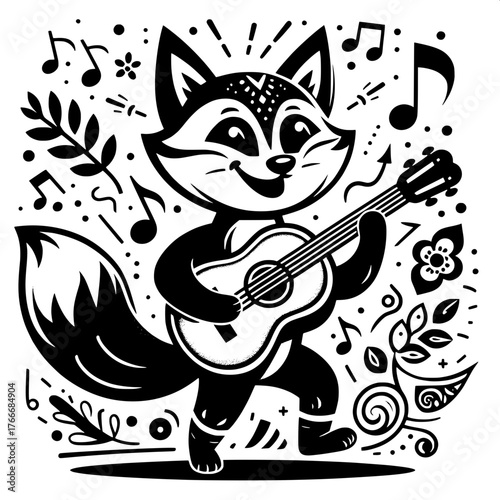Black and White Vector Silhouette of Cartoon Musician Fox Character