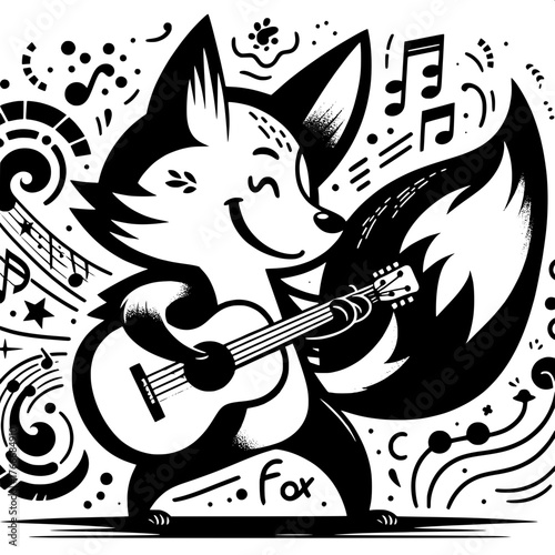 Black and White Vector Silhouette of Cartoon Musician Fox Character