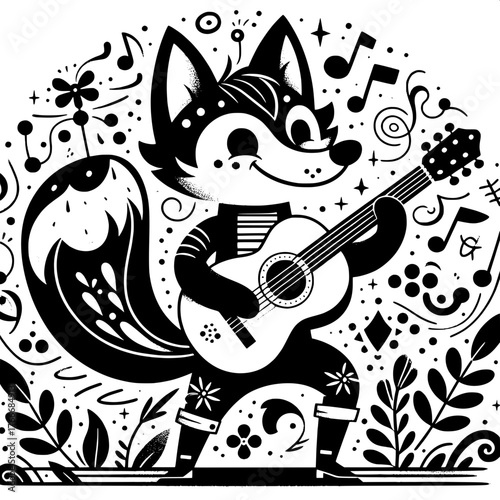 Black and White Vector Silhouette of Cartoon Musician Fox Character
