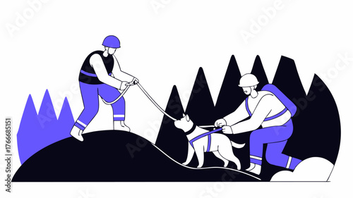 Emergency responders conducting a search and rescue operation with canines and equipment demonstrating teamwork in challenging conditions.