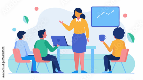 A woman presenting data on a large screen surrounded by attentive colleagues taking notes and sharing ideas in a bright modern meeting room.