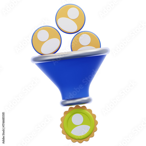 3D illustration of a customer conversion funnel with user icons, symbolizing the process of attracting and converting potential clients