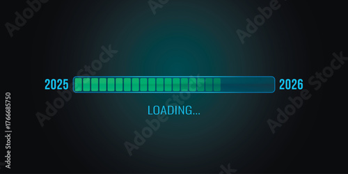 Progress bar visually representing the transition from 2025 to 2026. Progress Indicator progress bar against a dark background