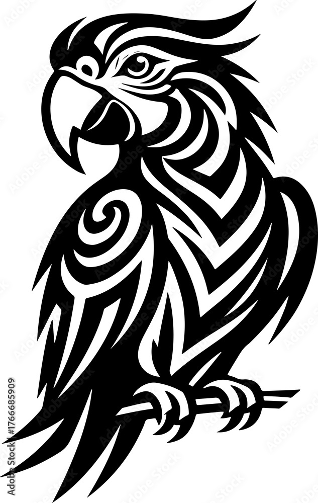 Obraz premium black and white stylized illustration of a parrot or macaw perched on a branch, detailed with intricate, flowing tribal-like patterns across its body and feathers.