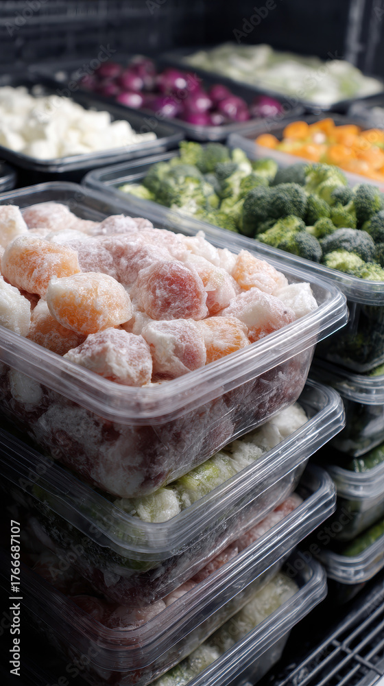 Fototapeta premium Frozen vegetables plastic container stack freezer broccoli carrot convenience