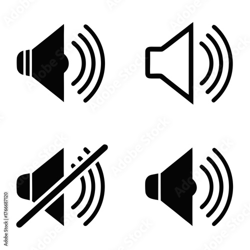 Vector art of four sound icons representing volume control options