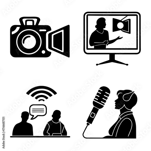 Vector art of four media icons representing video, audio, and communication