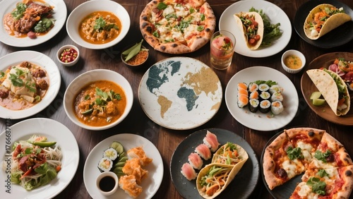 Table filled with dishes from around the world international cuisine