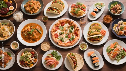 Wallpaper Mural Variety of delicious dishes on table including pizza tacos and curry Torontodigital.ca