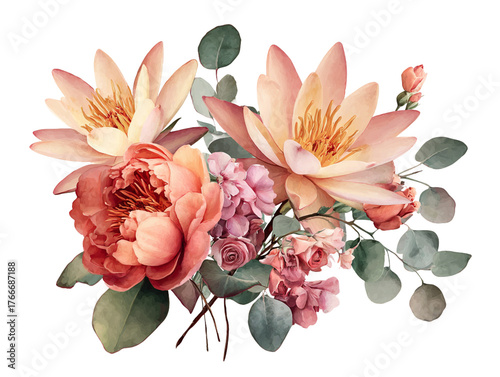 Untitled design - watercolor illustration of soft pink and red flowers, including pale green leaves.