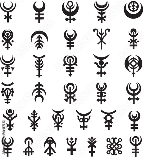 Collection of ancient alchemical symbols occult runes and mystical glyphs for esoteric study and design isolated on white background