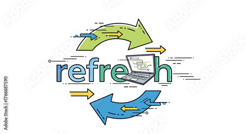 Refreshing digital content A circular arrow design with a laptop icon representing a process