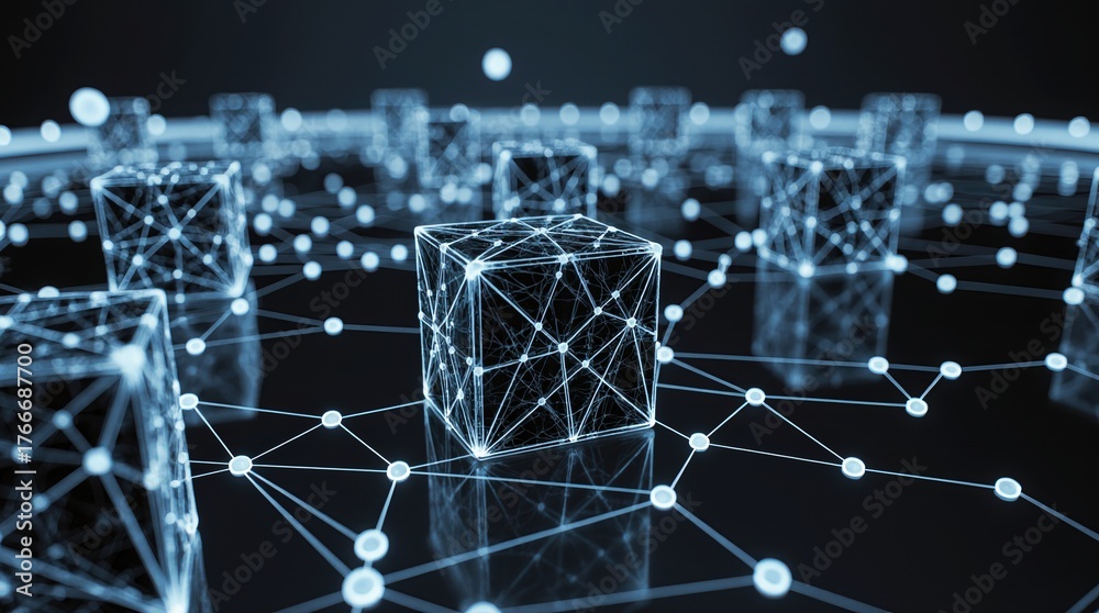 Obraz premium Abstract digital network of glowing cubes and connections