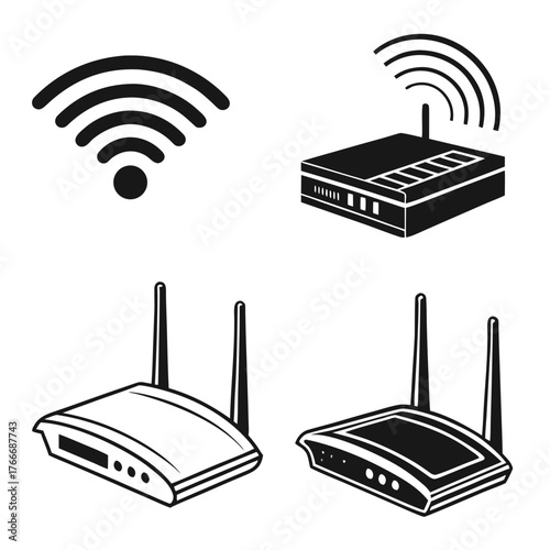 Vector art of set of black and white router wireless network connection