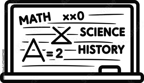 Hand drawn education subjects on blackboard with chalkboard eraser learning concept