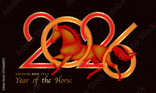 2026 Chinese New Year in black background. Year of the Horse. Vector modern art gold numbers design for cover, card, poster, banner, logo zodiac sign. Golden luxury template