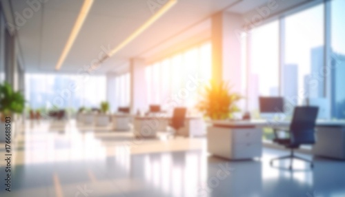 This image shows a blurred vision of a modern office space filled with desks and large