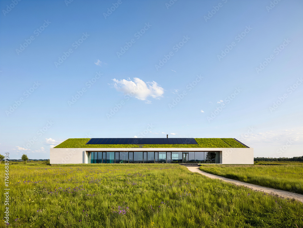 Obraz premium Sustainable modern house with green roof and solar panels in open landscape 
